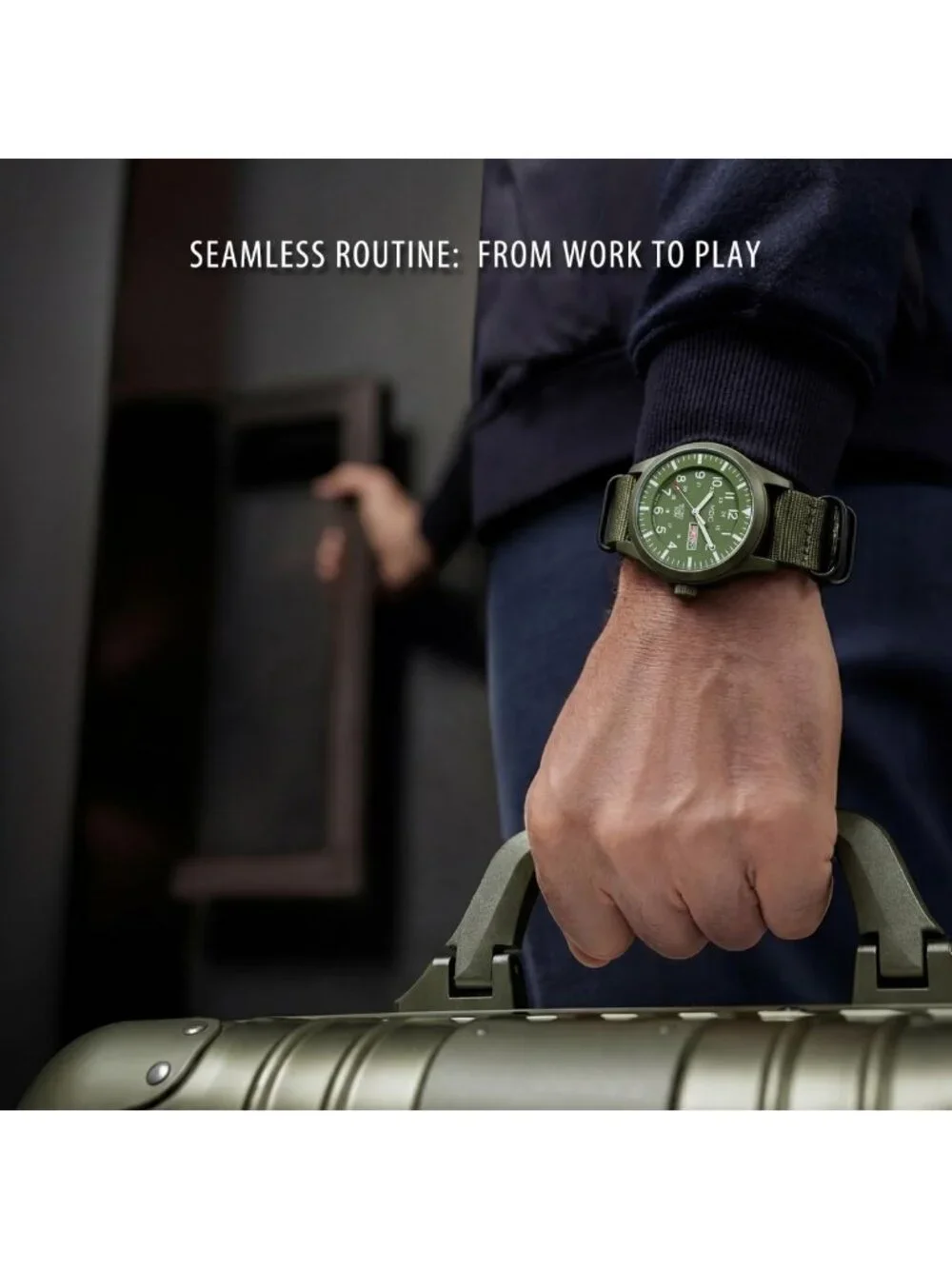 Men's Military Field Watch - Tactical Waterproof Analog, 12/24H, Green Nylon